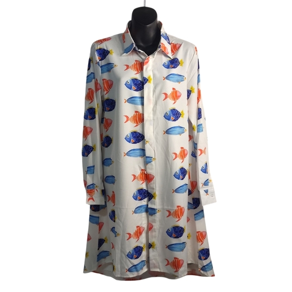 Aquatic Fashion Women's Multicolor Mini Shirt Dress Button Up Size Medium NWT - Picture 2 of 9